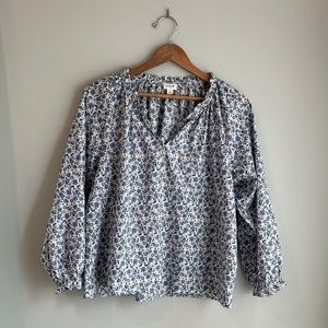Blue and white floral popover blouse